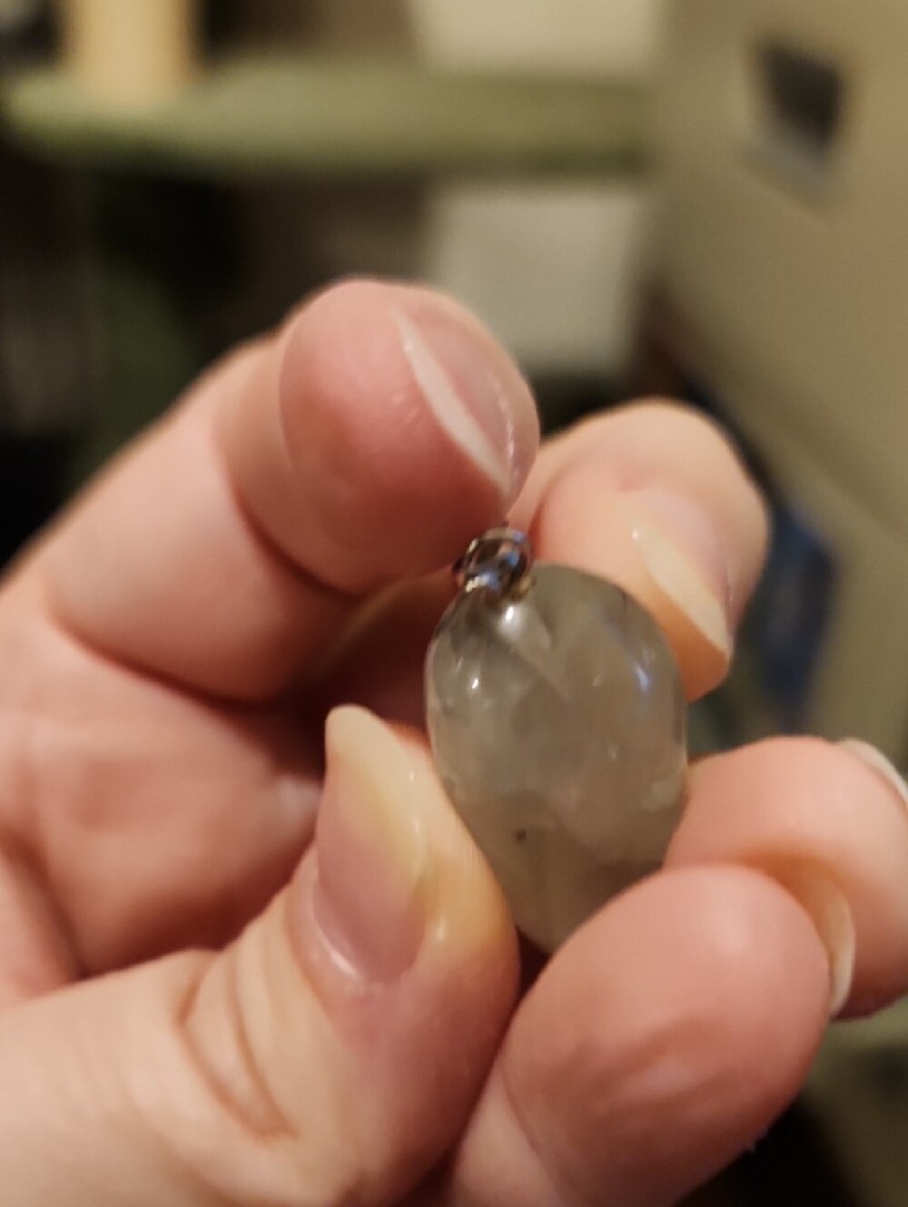 Tumbled Pale Green Prehnite with Tourmaline and Small Epidot Inclusions Pendant - Picture 6 of 7